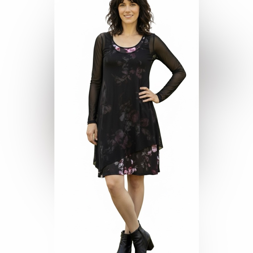 Chic Black and Pink Floral Long Sleeve Dress